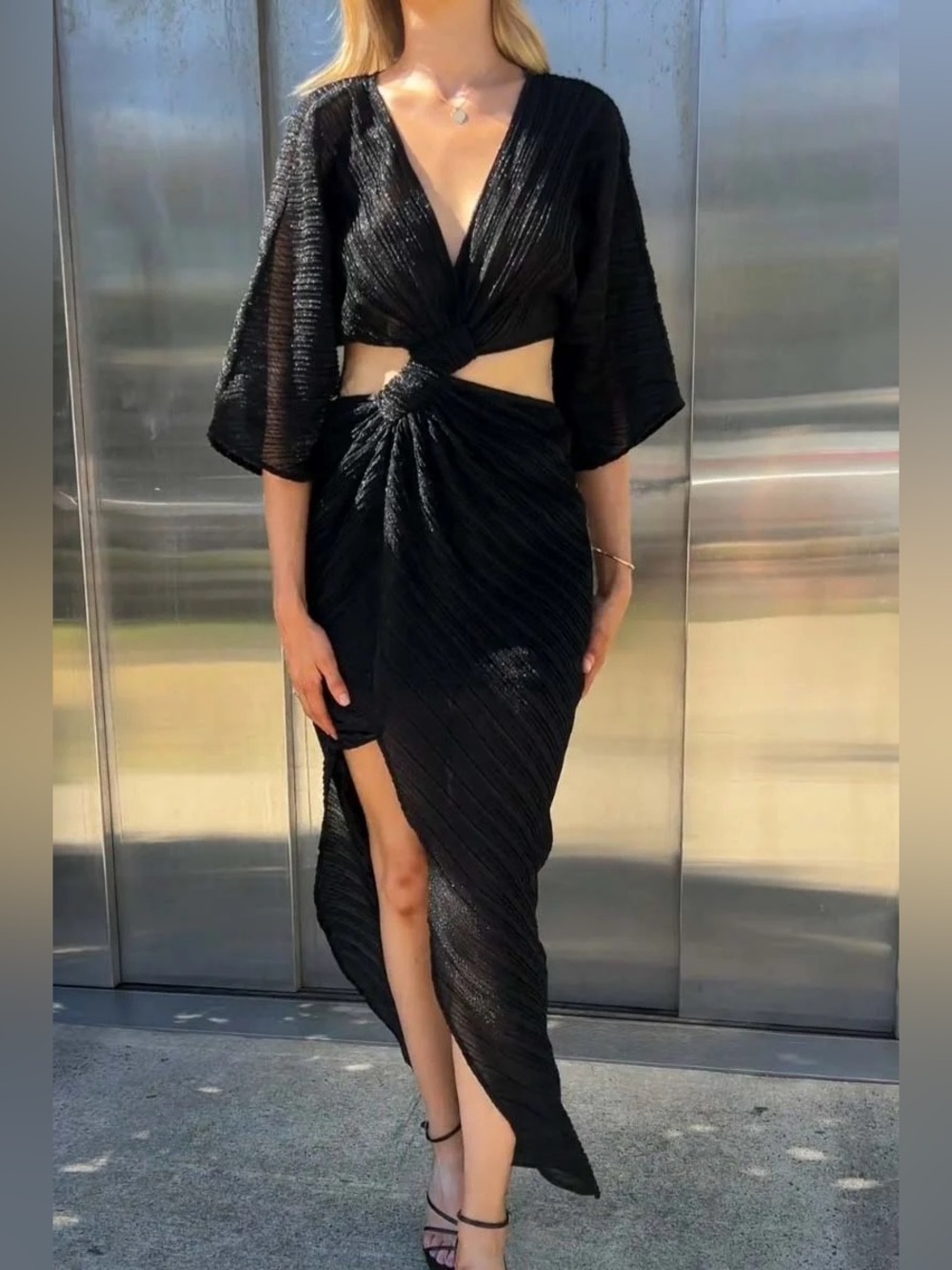 Plunge Black Ribbed Knot-Front Crop Top